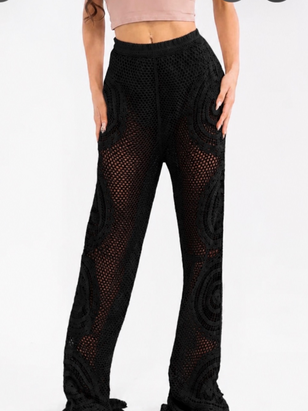 Boho NWT Women's black Crochet Wide-Leg Pants size S-M-L